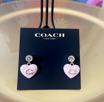 蔻驰女式签名心形吊坠耳环粉色珐琅带 C 标志全新带标签 — 第 1/4 张图片