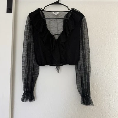 Blusa Privy Para Mujer Negra de Encaje Transparente Lunares Volantes Manga Larga Caprichosa Gótica Foto 1 de 4