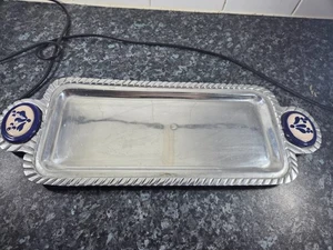 Vintage Solid Pewter Tray with Blue and White Ceramic Tile Accents 17.5" Long - Picture 1 of 10