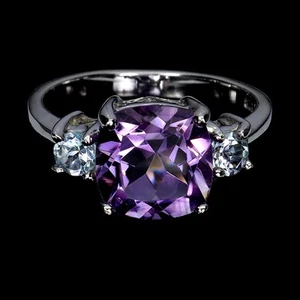 Anello in argento sterling 925 cuscino ametista 9 mm topazio pietra preziosa naturale misura 7,5 - Foto 1 di 14