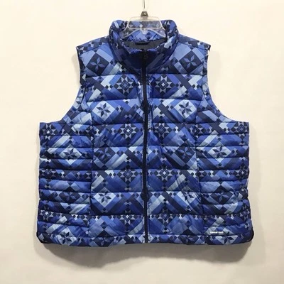 Chaleco acolchado de plumas Lands' End para mujer azul geométrico cremallera 3X Foto 1 de 4