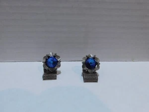 Vintage Faceted Blue Stone Silver Tone Cuff Links With Chain - Picture 1 of 2