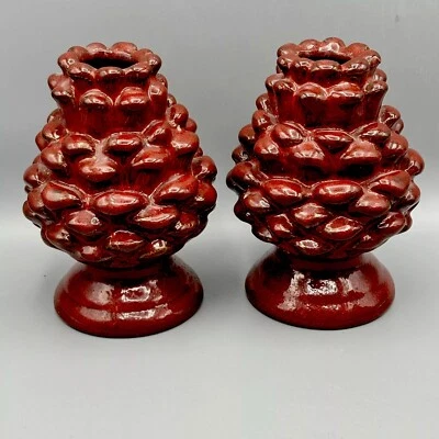 Dept. 56  Red Ceramic Pine Cone Candle Holders  5.5”  Rustic Log Decor Set Of 2 - Image 1 of 4