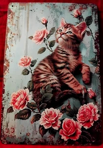 GEBRAUCHTES METALLSCHILD SIEBDRUCK - Katze mit Rosen - Nr. 10 - 30 CM X 20 CM SEHR GUTER ZUSTAND - Bild 1 von 5