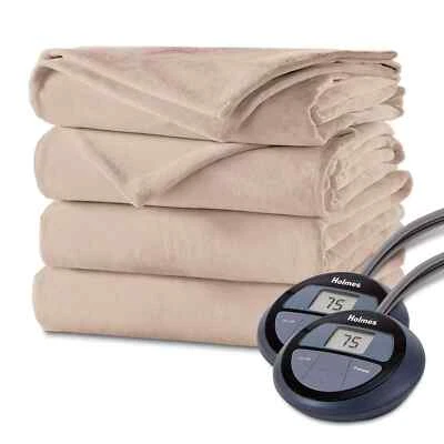 Holmes Velvet Plush Electric Heated Blanket Queen Size Sand 84 x 90 LCD Display - Image 1 of 3