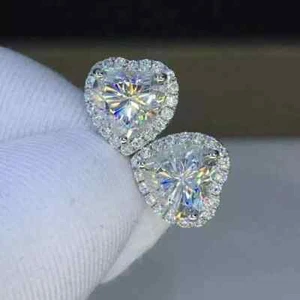 3CT Heart Cut Lab Created Diamond 14k White Gold Plated Women Halo Stud Earrings - Picture 1 of 3