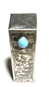 SILVER! - Vintage Engraved Italian 800 Silver Lipstick Case Turquoise w/Mirror - Picture 1 of 7