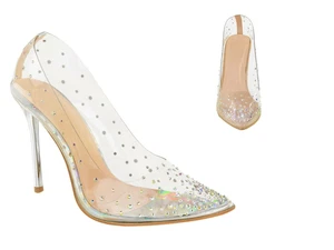 Womens Ladies Perspex Court High Heels Stilettos Diamante Slip On Party Wedding