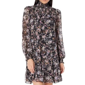 CeCe Womens Medium Ruffled Yoryu Dress Black Ditsy Multi Floral Long Sleeves - Picture 1 of 12