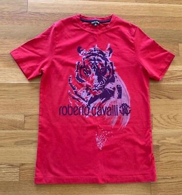 Roberto Cavalli Niños Grandes Adolescentes Rojo Azul Gris Camiseta Top Camiseta Logo Tigre Talla M Foto 1 de 4