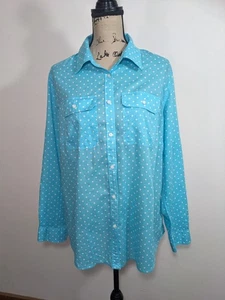 LRL Ralph Lauren Shirt Womens 1X Blue Polka Dot Button Up Long Sleeve Top Plus - Picture 1 of 10