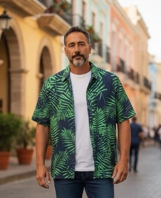 Camisa informal Margaritaville con cuello abotonado para hombre insignia azul palma talla S Foto 1 de 4