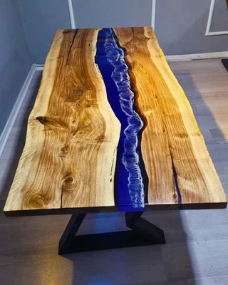 Handcrafted Ocean Epoxy Table | Resin River Live Edge Dining Coffee Table - Image 1 of 4