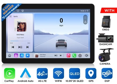 Eonon SD1X6S Single DIN 10.95" Android 13 CarPlay Car Radio 2K Screen 4G LTE GPS - Image 1 of 4