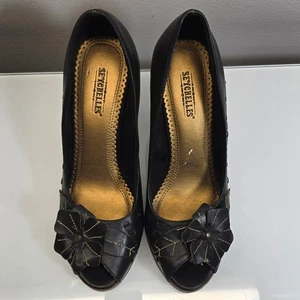Seychelles Heel Pumps Shoes Women Size 8 Black Leather Peep Toe Flower Retro Y2K - Picture 1 of 11