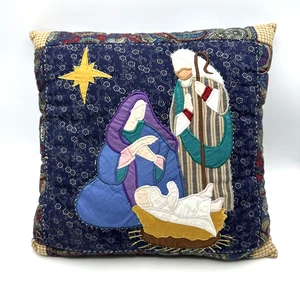 Vintage Holy Family Manger Scene Nativity Pillow Needlework 13" X 13" - Picture 1 of 6