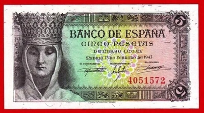 UNC, 5 Pesetas, 1943 ''Isabel la Catolica''' No Series , Spain - Image 1 of 2