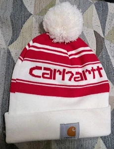 CARHARTT Beanie Red White Logo Pom Knit Beanie Winter Cap Smoke-free Home Nice - Picture 1 of 2