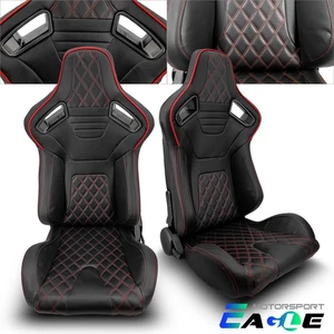 JDM Universal Black PVC Red Line Racing Seats Left&Right w/Slider Pair - Picture 1 of 8