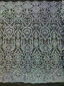 Damask Decor Sequins Aqua on Black 4 Way Stretch Sequin Design Fabric By Yard - Picture 1 of 4