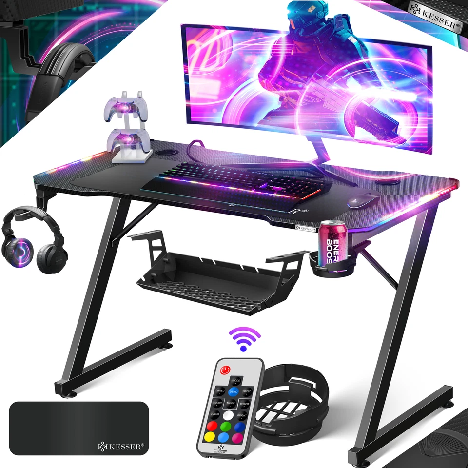 KESSER® Gaming Tisch LED Gamer Schreibtisch Ergonomisch PC Computertisch Z-Form - Bild 1 von 1