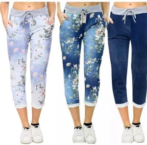 Ladies New Italian Floral Rose Print Plain Top Women Summer Beach Pant Trouser - Picture 1 of 7