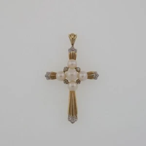 10k Gelbgold Nachlass Perle & Diamant Kreuz religiös Anhänger - Bild 1 von 3