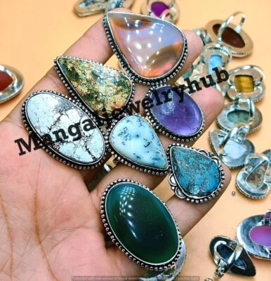 Dendrite Opal & Mix Gemstone 10PCS Rings 925 Silver Plated Wholesale Jewelry Lot - Image 1 of 4