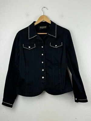 Chaqueta de mezclilla elástica negra vintage Y2K Christine Alexander estrás para mujer M Foto 1 de 4