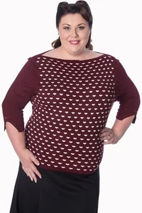 Burgundy Retro Vintage Rockabilly Boat Neck Charming Heart Top PLUS SIZE BANNED - Picture 1 of 2