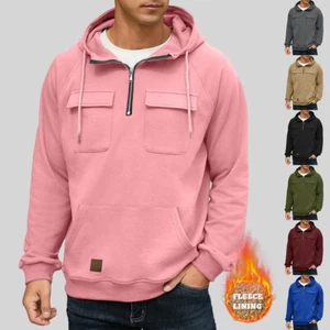 Hooded Men Solid Fleece Hoodie Pullover Plain Sweatshirt Workwear Shirt Tops Tee - Picture 1 of 31