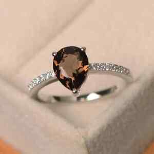 Natural Smoky Quartz Pear Cut Brown Gemstone 925 Silver Engagement Women's Ring