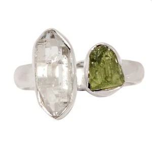 Natural Lemurian Quartz & Moldavite 925 Sterling Silver Ring YSA10 s.7 CR72329 - Picture 1 of 1