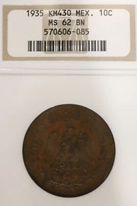 1935 MO Mexico 10 Centavos Bronze, NGC MS-62 BN Sharp Coin b1L14 - Picture 1 of 3