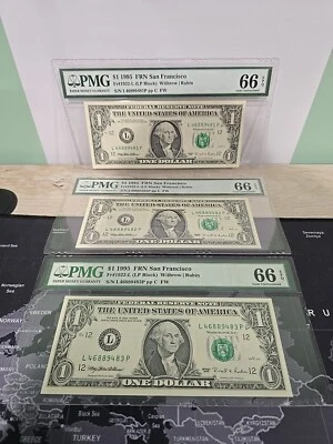 $1 1995 FRN L-San Francisco 3-Consecutive Notes, FR 1922-L, Green Seal, PMG66 - Image 1 of 4