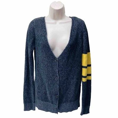 ELEMENT EDEN Sz M Gray w/ Yellow Stripped Sleeve Knit Sweater Button Front • VG‼ - Image 1 of 4