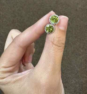 2Ct Round Lab Created Halo Peridot Diamond Stud Earrings 14K White Gold Plated - Picture 1 of 5