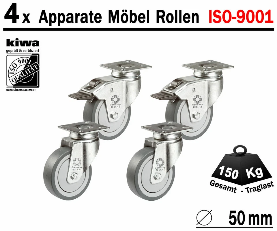 Möbelrollen Apparate Laufrollen Lenk Rollen 4 x Ø 50 mm Br-Le BS-Rollen Germany