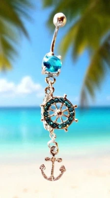 Anillo colgante barra ombligo - rueda de barco y ancla, piedras azules, calibre 14 Foto 1 de 4