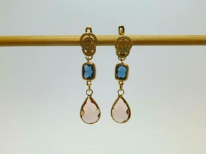 Lange Ohrringe Ohrstecker Gold mit Kristall Tropfen Blau Peach - Bild 1 von 5