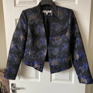 Black Gold Blue Metallic Floral Jacket Fake Pocket Hook & Eye Fastening Size 14 - Picture 1 of 11