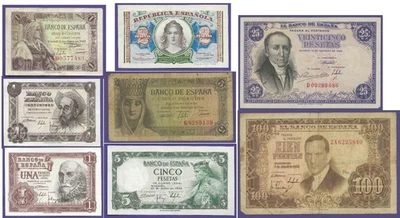 ESPAÑA 8 Billetes 1938 - 1954 3 Rey Alfonso, Isabel, Colón sin circular Foto 1 de 4