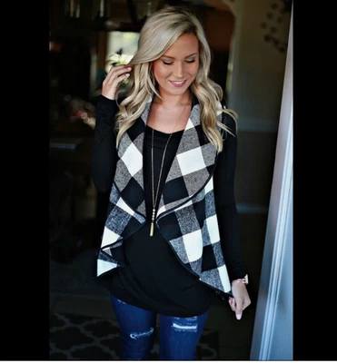 Favlux Wms L Negro Blanco Chaleco a Cuadros Solapa Frente Abierto Sin Mangas Cascada Chaqueta Foto 1 de 4