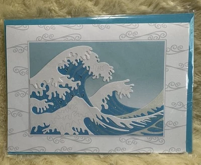 Tarjeta Papiro BLANCO Todas las Ocasiones Hokusai Japonés Ondas Joyas 3D Iridiscentes Foto 1 de 3