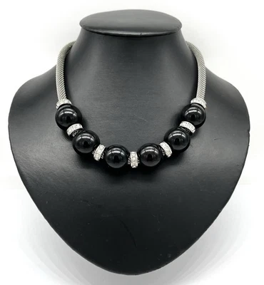 Modeschmuck Collier, Schwarze Kugeln, simulierte Diamanten, 45 cm lang - Bild 1 von 2