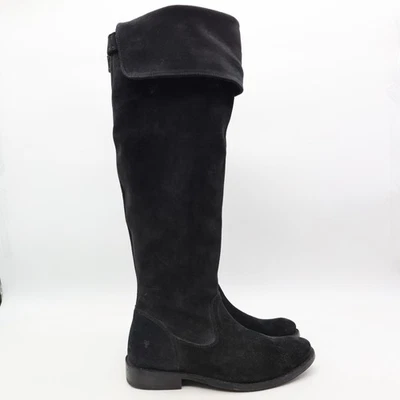 Botas femininas Frye 6 B Shirley cavalgando acima do joelho preto meio zíper biqueira amêndoa - Imagem 1 de 4