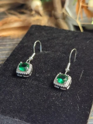 Sterling 925 Emerald Sapphire Lab Created Dangle Earrings Brilliant Square... - Image 1 of 4