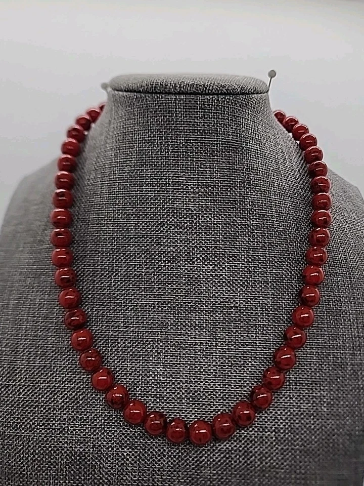 Natural Red Jasper 8MM Beaded Necklace w/ Black inclusions 16" Choker Necklace - Image 1 of 1