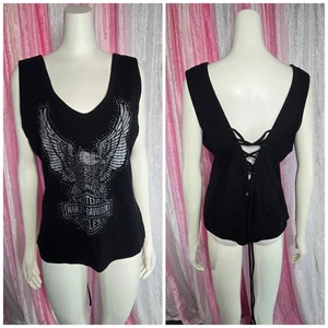 Harley-Davidson Black Rhinestone Wings Shelf Bra Logo Tank Top Size XL NWT - Picture 1 of 13