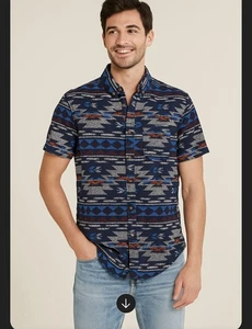 American Eagle Aztec Pattern Short Sleeve Button Down Shirt Men Size Large Blue  - Picture 1 of 6